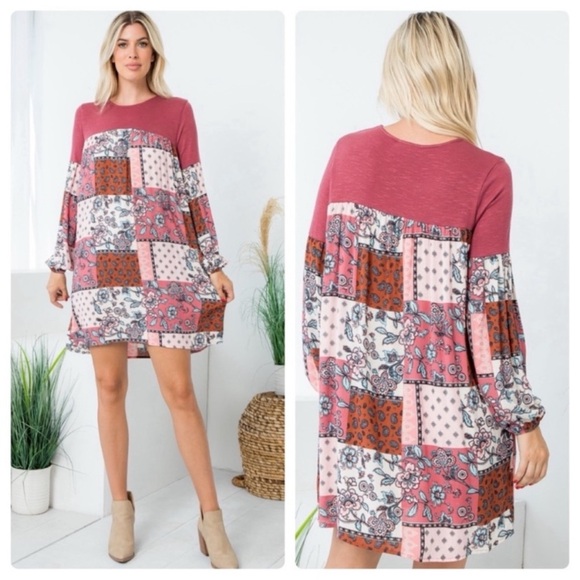 🍁New Fall🍁 Long Sleeve Paisley Floral Patch Relaxed Fit Dress - Picture 1 of 3